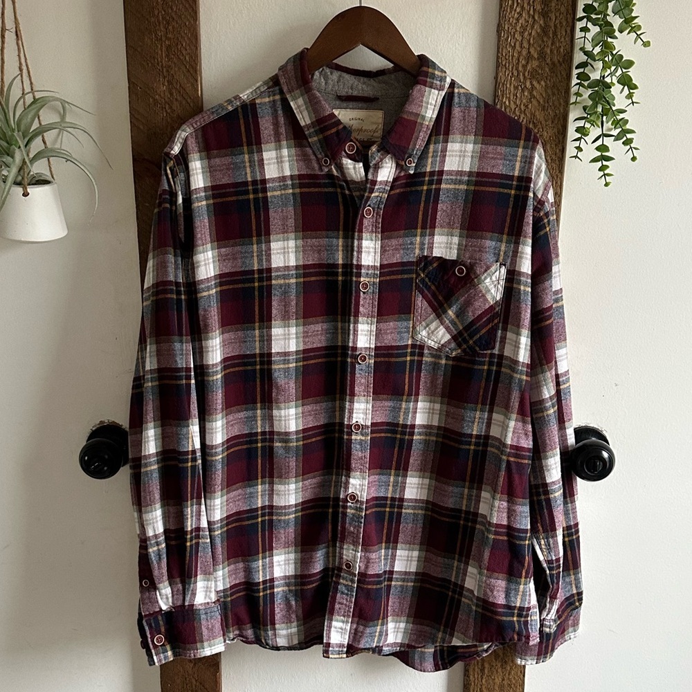Weatherproof Vintage Men's Flannel Shirt Size XL Burgundy and White 100% Cotton